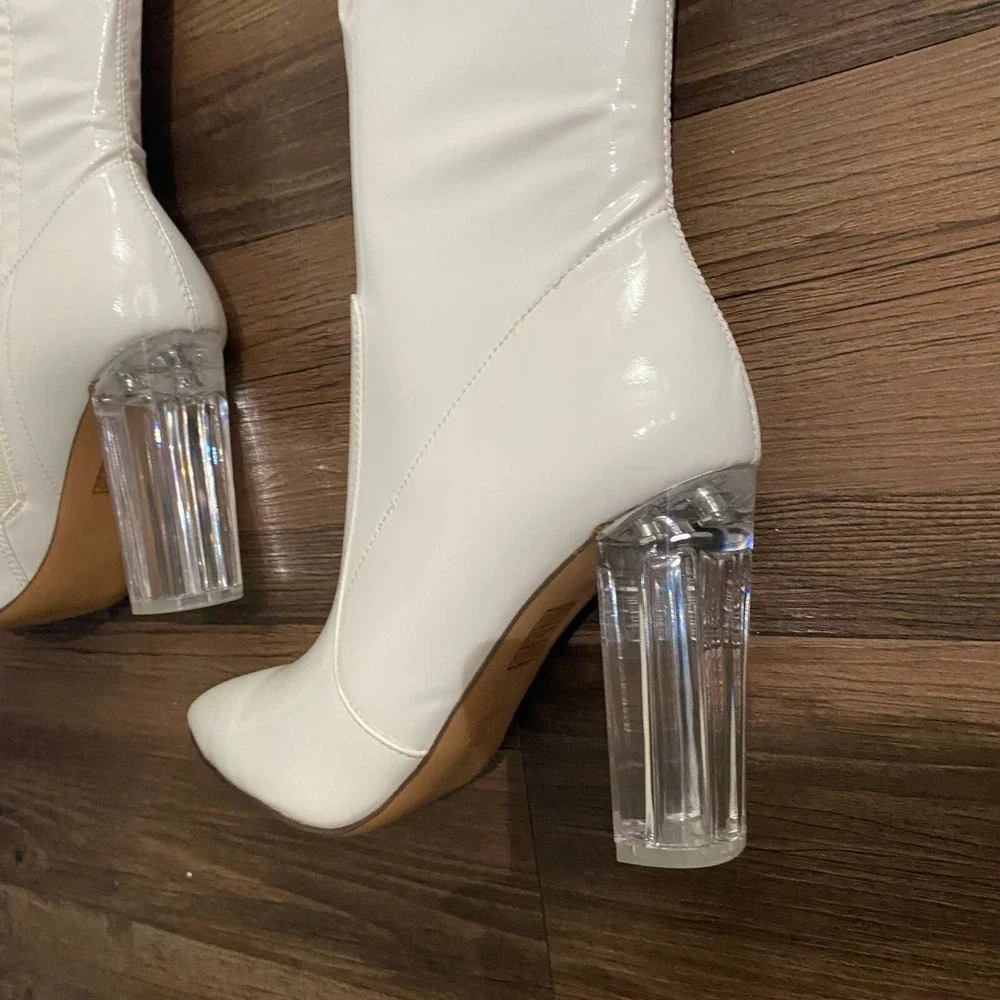 London Rag White Patent Over The Knee Boots Clear Block Heel‎ SH2544 Size 7 US